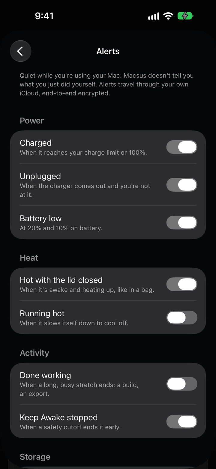Settings, Alerts: Charged, Unplugged, Battery low, Hot with the lid closed and Keep Awake stopped turned on; Running hot and Done working off.