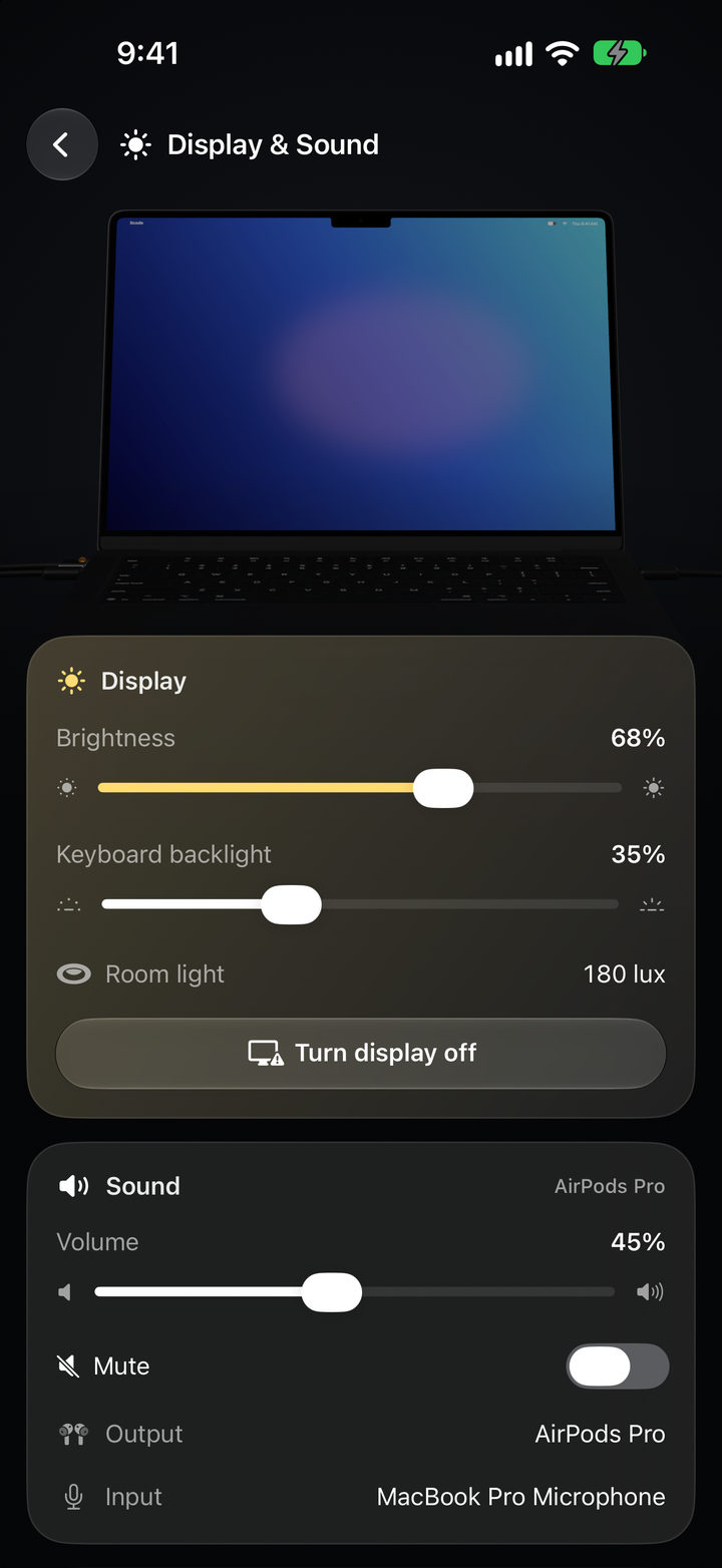 Display and Sound: brightness at 68 percent, keyboard backlight at 35 percent, room light 180 lux, volume at 45 percent through AirPods Pro.