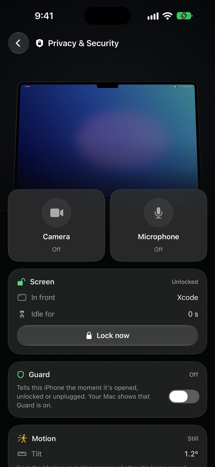 Privacy and Security: camera off, microphone off, the screen unlocked with Xcode in front, a Lock now button, and Guard, off.