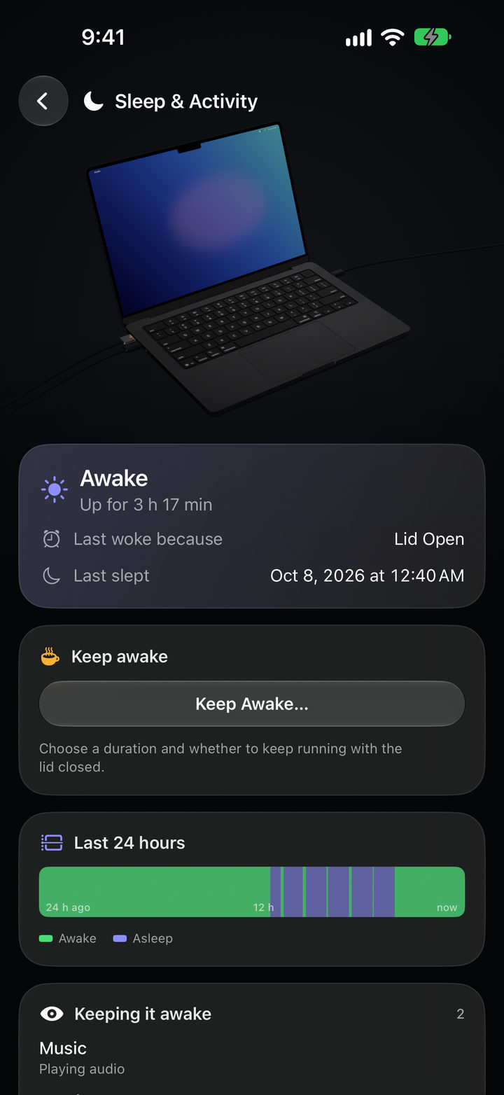 Sleep and Activity: awake, up for 3 hours 17 minutes, last woke because the lid opened, a 24 hour timeline of awake and asleep, and Music keeping it awake.